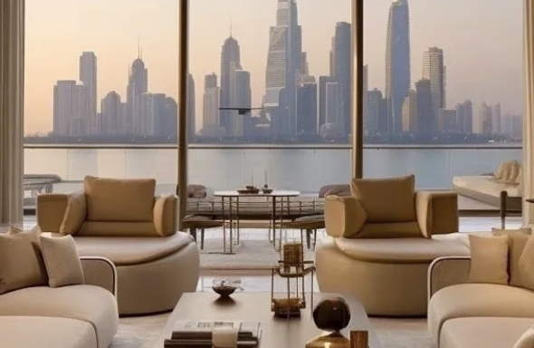 Luxury apartment living room with Dubai skyline view