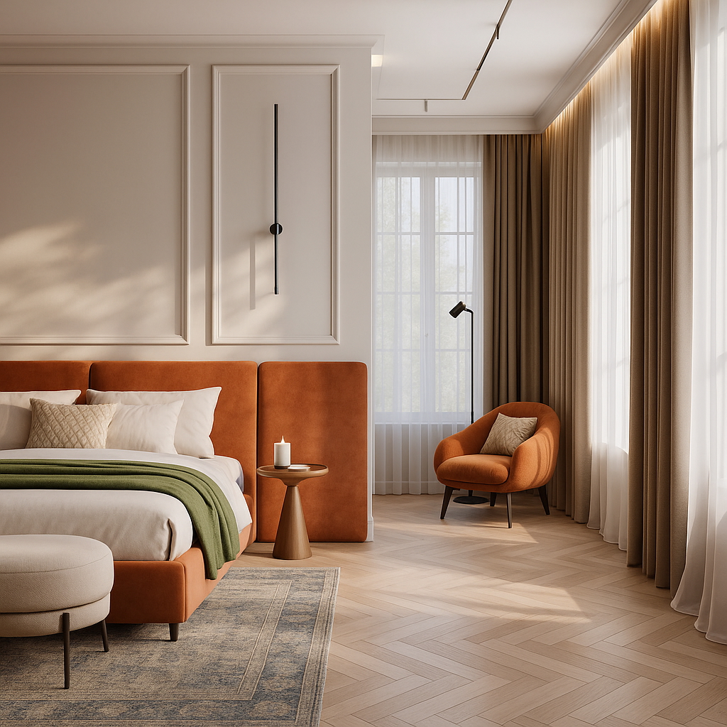 Luxury modern bedroom interior with terracotta upholstered bed, elegant wall paneling, and sophisticated design elements showcasing high-end residential development